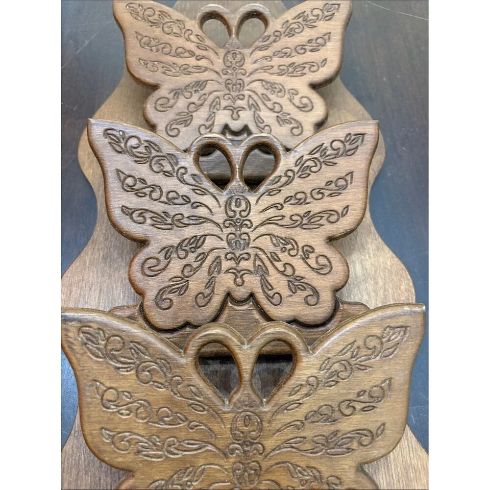 Vintage Wooden 3 Butterfly Wall Hanging Carved Mail Bill Key Letter Holder